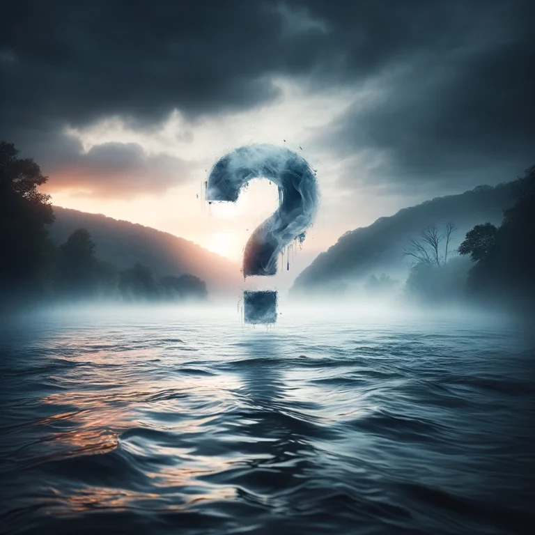 Illustration of water on a cloudy day, with a question mark hovering over the water.