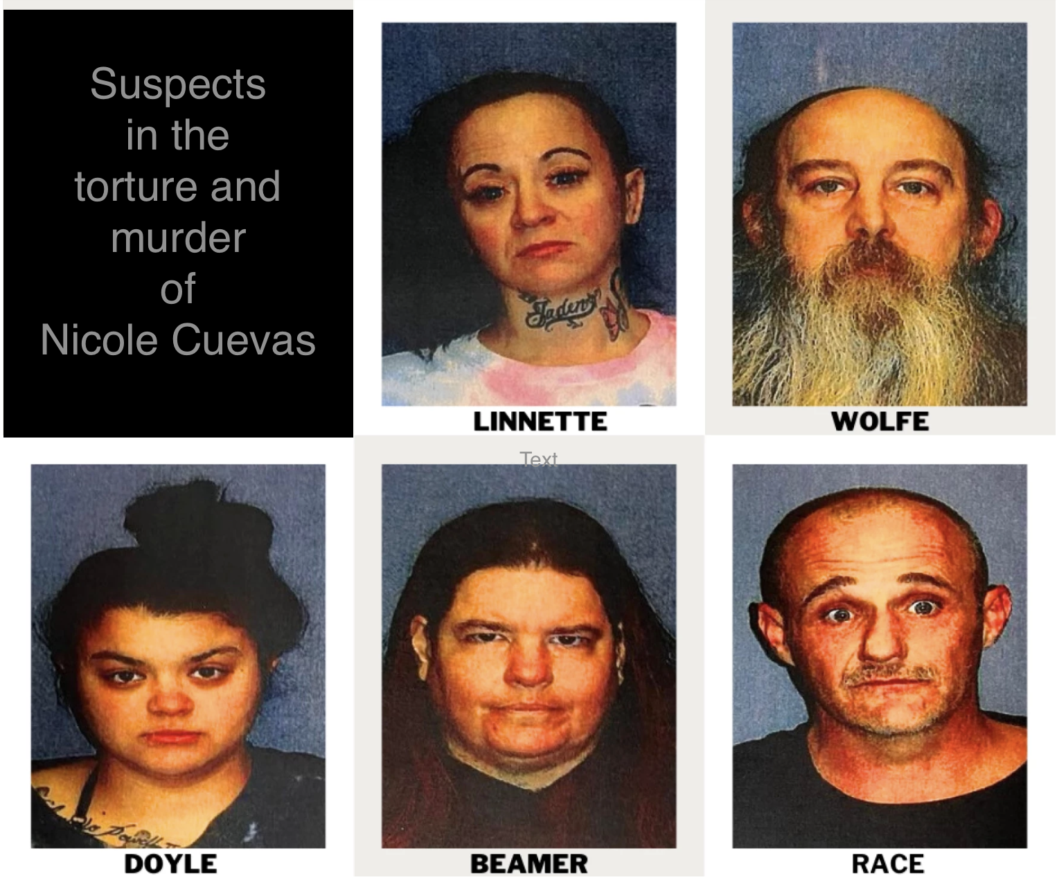 Mugshots of five torture and homicide suspects