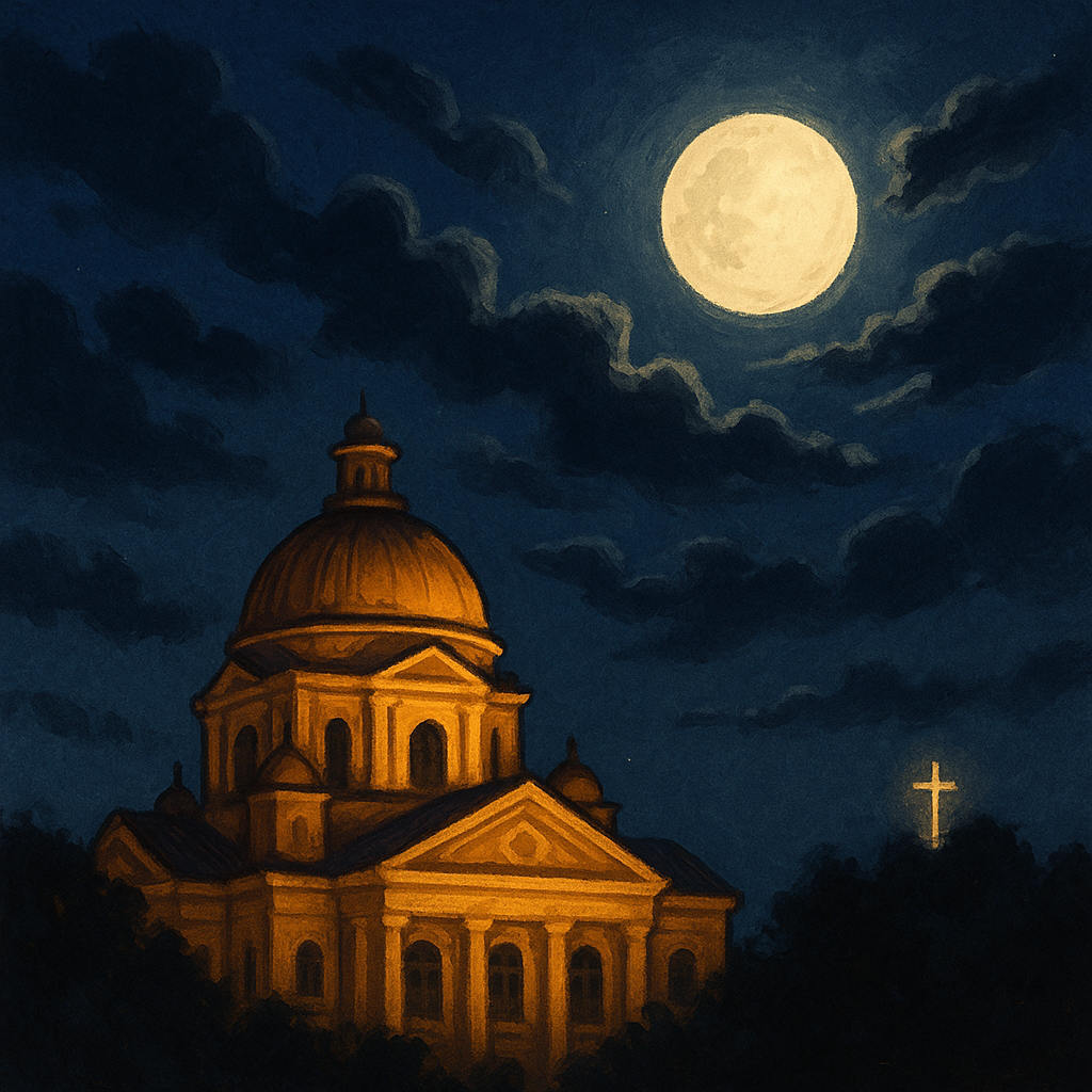Graphic showing a courthouse and moon