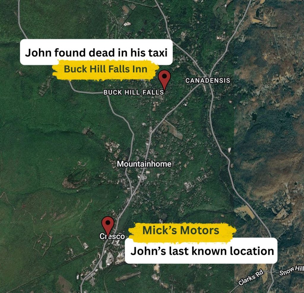 Map showing the last known location of John Leonard and the Inn where his body was discovered in 1970.
