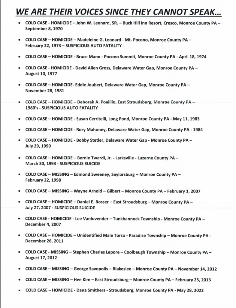 This list of other cold case victims from Monroe County and the surrounding area is printed on the back of the Leonard flyers.
