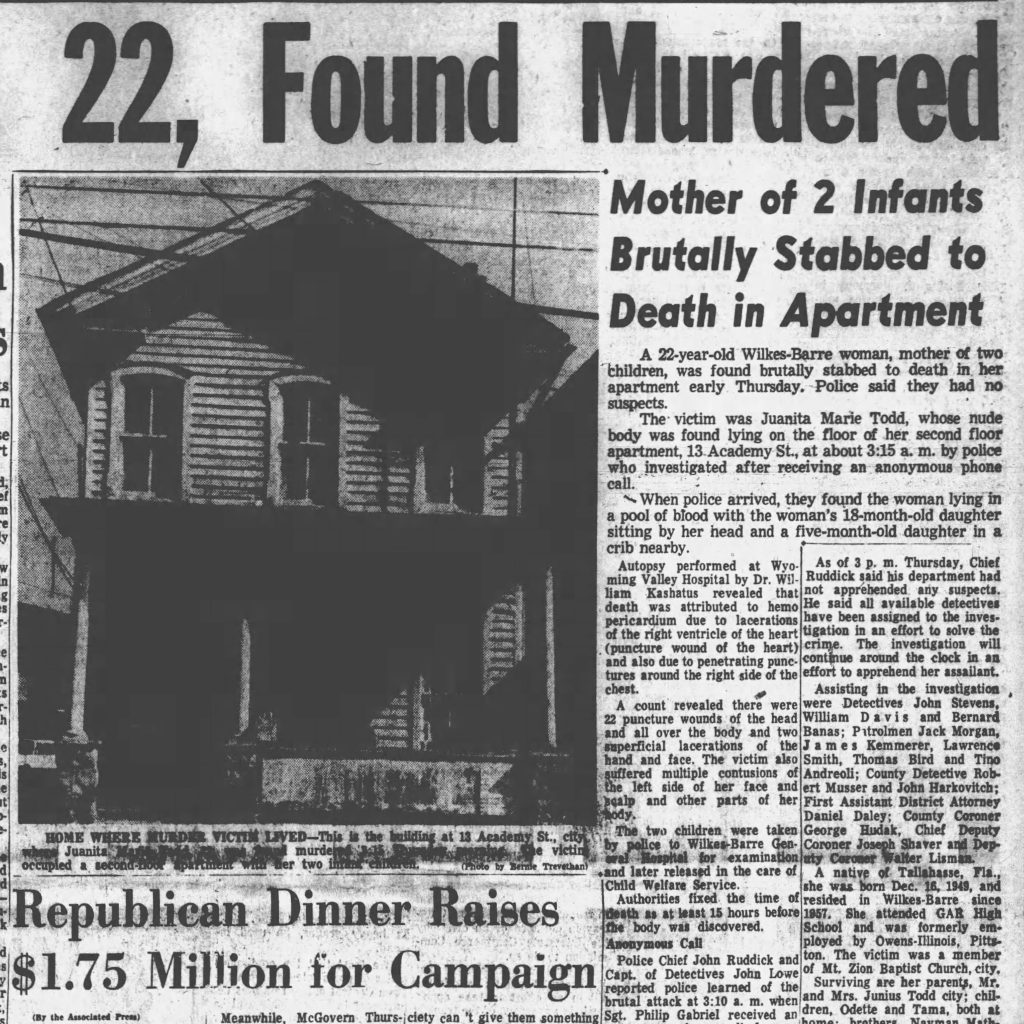 Black-and-white newspaper clipping reporting the 1972 murder of Juanita Todd, a 22-year-old mother of two, found stabbed in her Wilkes-Barre apartment.