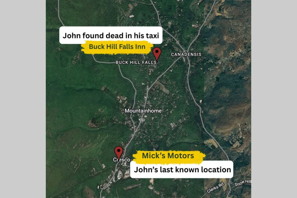Satellite map showing distance from Mick's Motors to Inn at Buck Hill Falls
