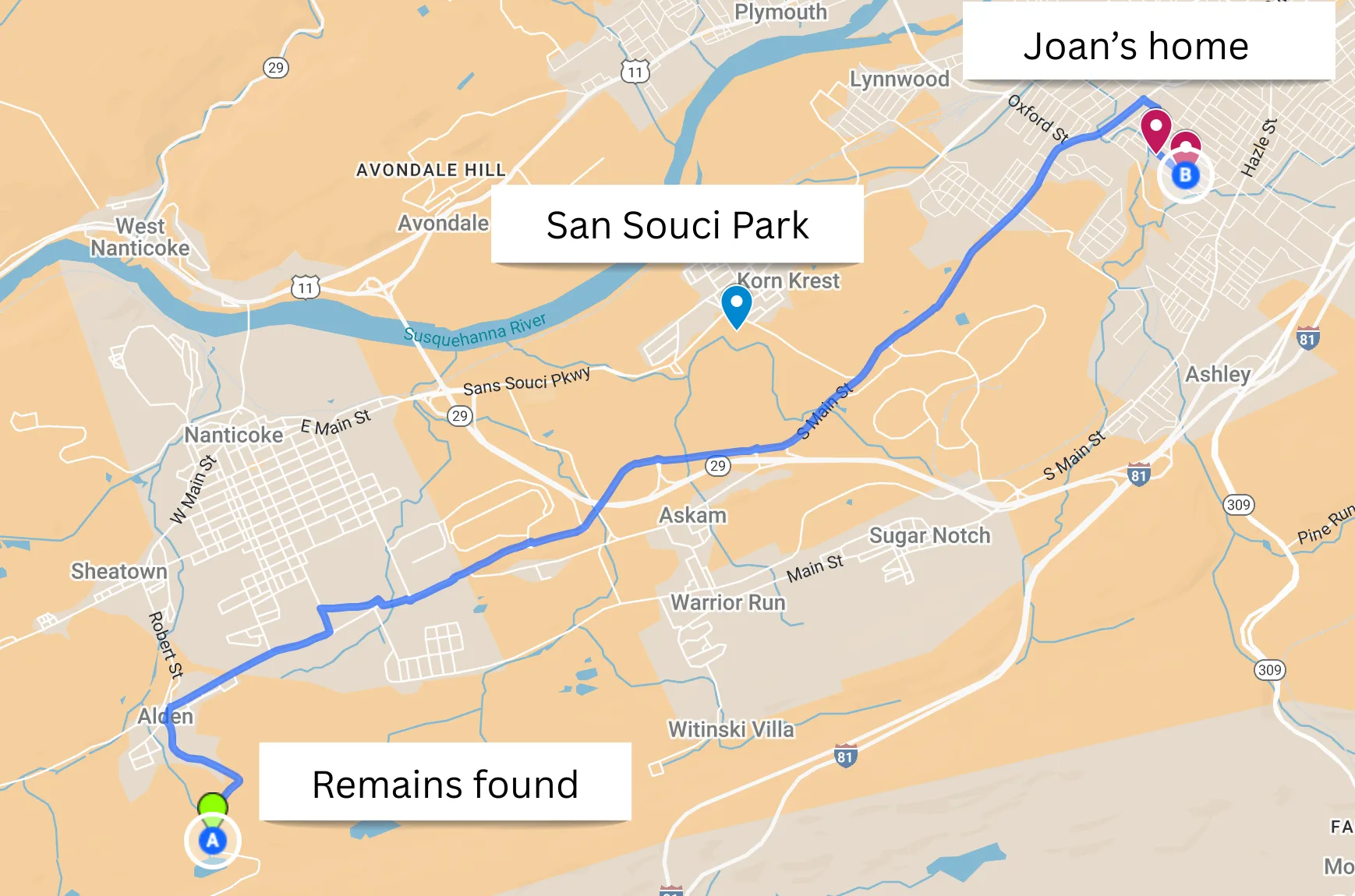 Luzerne County map showing a route from Joan Dymond's home in Wilkes-Barre to Alden Mountain Road in Newport Township.